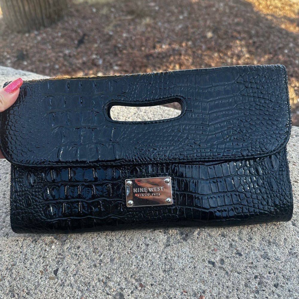 Nine West Glossy Black Croc-Pattern Clutch